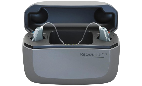 Resound rechargeable hearing aids pictured with their charger