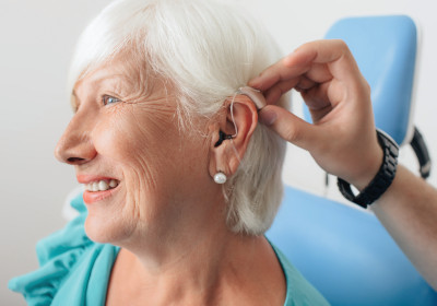 Older patient getting hearing aid fitted